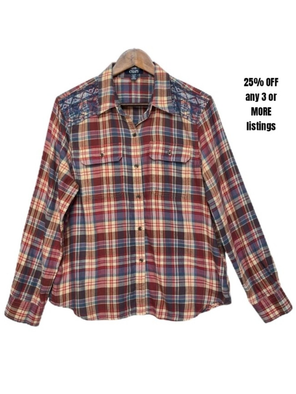Chaps Plaid Button-Down Shirt Red Navy Beige Lace Detail Front Pockets Vintage